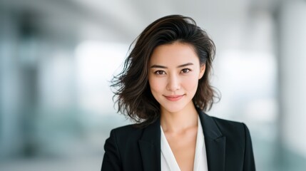 Naklejka premium Confident asian businesswoman in formal suit, standing in bright modern office