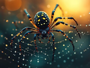 Obraz premium Close-up of a vibrant spider weaving its intricate web in a sunlit forest