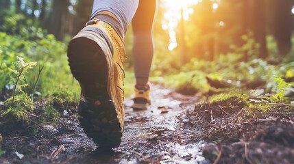 Photograph of a lone foot traversing a muddy forest trail in dappled sunlight.