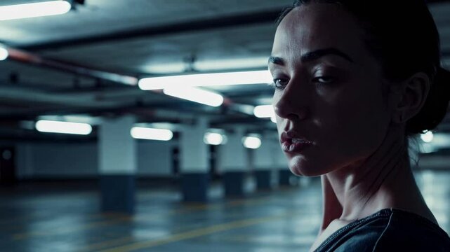 Mysterious woman in dimly lit urban parking garage exploring shadows