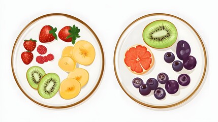 Naklejka premium Digital illustration depicts a circular fruit platter with strawberries, grapes, kiwi, and orange slices.