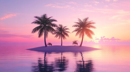 Obraz premium Digital illustration depicts a tropical island with palm trees silhouetted against a vibrant pink sunset over calm...
