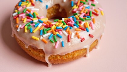 Donut with icing, sprinkles, glaze and colorful topping.Sweet treat on pastel background
