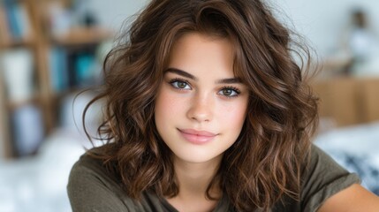 Smiling young woman with curly brown hair