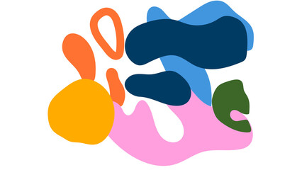 Vibrant abstract blobby and organic shapes in orange, pink, blue, dark blue, green, and yellow, scattered on a white background.