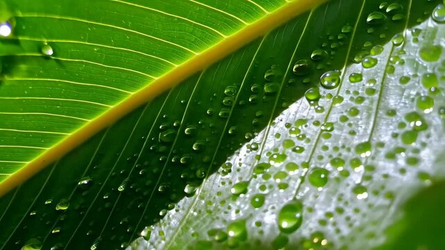 Close-up of bright green tropical leaf with water droplets clinging to the textured surface and contrasting midrib under natural lighting.