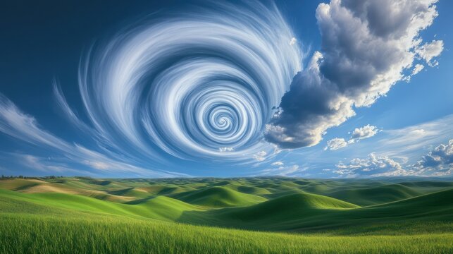 Dreamlike landscape with rolling green hills under a swirling sky.