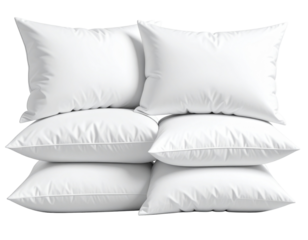 A stack of six pristine white pillows, soft and fluffy, ideal for comfortable sleep