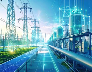 Futuristic smart energy grid infrastructure with solar panels, power lines, and digital network overlay at sunset.
