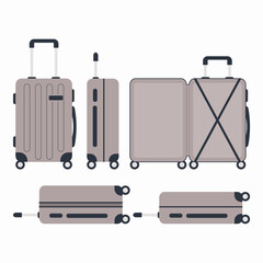 A set of beige suitcases with different perspectives. Family travel suitcases, hand luggage and checked baggage.