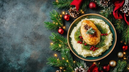 Roasted chicken breast on creamy mashed potatoes, garnished with cranberries and rosemary, surrounded by festive Christmas decorations.