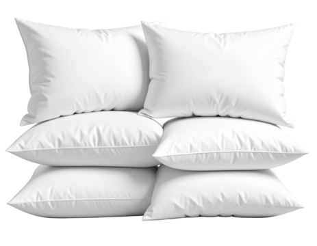 A stack of six pristine white pillows, soft and fluffy, ideal for comfortable sleep