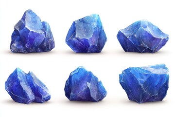 Obraz premium Six realistic blue gemstone rocks isolated on white background.