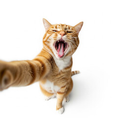 Obraz premium ginger cat memes, ginger tabby meme, yawning, ginger cat selfie close-up, ginger tabby selfie close-up, cat with extended arm selfie, ginger cat with extending arm selfie, close-up selfie, yawning cat