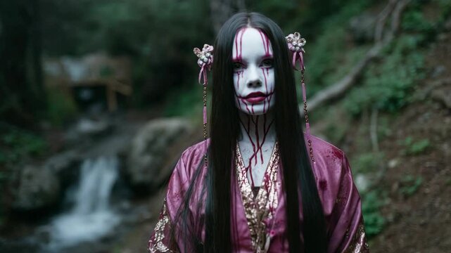Close-Up of Japanese Horror Woman Staring into Camera