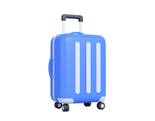 A light blue carry-on suitcase with white stripes, small handle and wheels, ready for travel