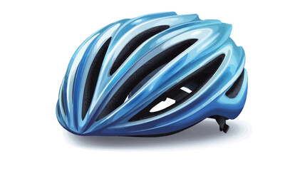 Fototapeta premium A blue and white bicycle helmet with many vents is displayed on a white background. 