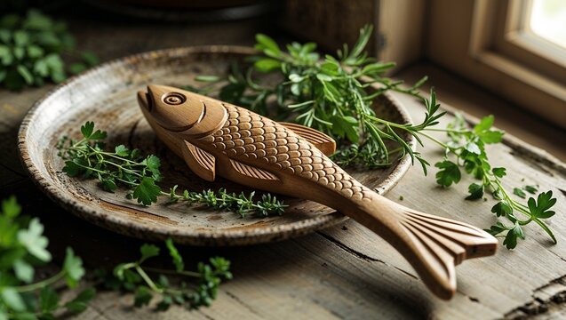 Carved Wooden Fish on Plate with Fresh Herbs