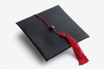 Black graduation cap with a red tassel.  A symbol of academic achievement.