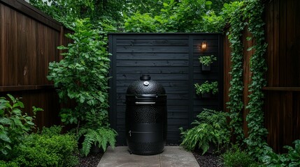 Backyard oasis with black grill and planters