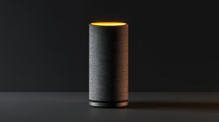 Smart speaker with glowing top, on a dark surface, minimal modern design.