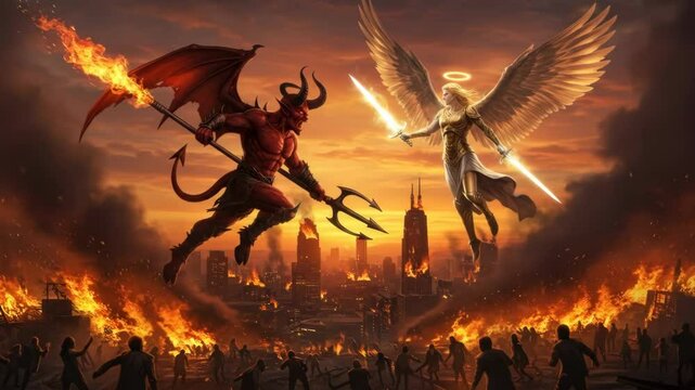 Angel Battling Demon with Flaming Swords in Fiery Skies