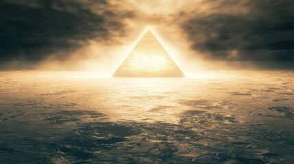 A glowing pyramid emerges mysteriously in a golden, surreal landscape.