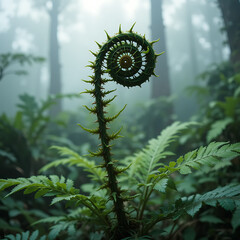 Green fern leaves in a wild forest garden