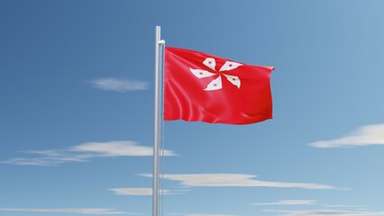 3D rendering of the Hong Kong flag, featuring a red field with a white five-petal orchid flower in the center, beautifully waving against a clear sky background, symbolizing identity and harmony.

