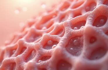 Fototapeta premium Close-up microscopic view of skin surface featuring cells, molecules. Biological illustration with a molecular grid, medical, skincare, cosmetic, science, dermatology concepts. 3d render.