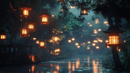 A serene river scene with glowing lanterns illuminating trees at twilight.