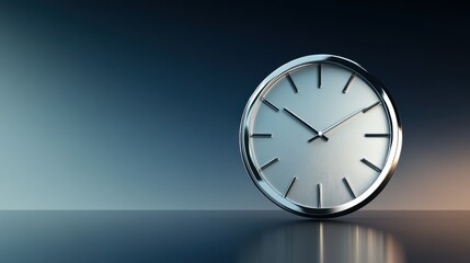 Silver analog clock on reflective surface, minimal background, blue, timekeeping