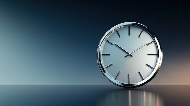 Silver analog clock on reflective surface, minimal background, blue, timekeeping