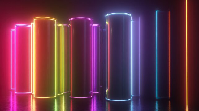 Colorful neon cylinders glow in a dark, modern, and futuristic display.