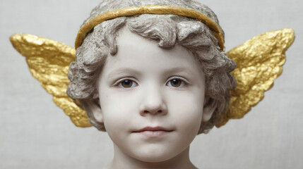 Cherubic sculpture with golden wings, celestial whimsy, evoking angelic wonderment and divine musings on Ascension Day and Feast of St Michael