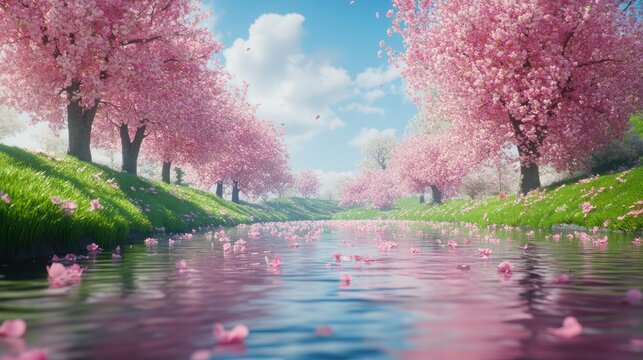 Tranquil river scene with pink cherry blossoms and green grass banks.