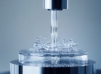 Close-up of water pouring into a glass dish, creating splashes and ripples.