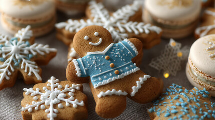 Delightful gingerbread cookies adorned with snowflakes and festive macarons create a cheerful holiday display