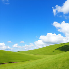 Lush green rolling hills stretch out under a clear blue sky with fluffy white clouds