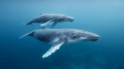 Fototapeta premium Majestic humpback whales glide serenely, evoking Ocean Day's harmony and whispering ancient sea-legends beneath azure waves