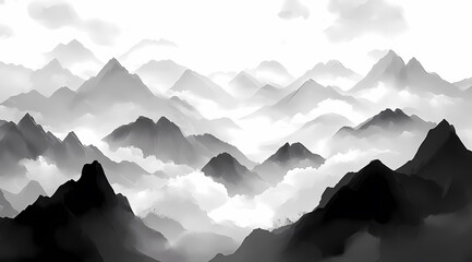 Misty Mountain Landscape in Ink Wash Style