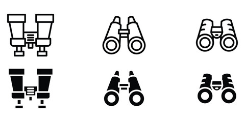 Binoculars minimal outline and solid flat style optical gear exploration tools icon set vector illustration for navigation search adventure view.