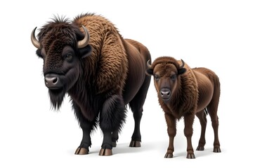 American Bison Family Portrait: Majestic Adult and Young Calf on White Background