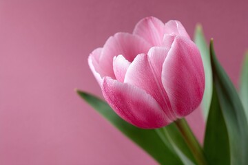 Fototapeta premium Close-up of pink tulip with dew against pink background