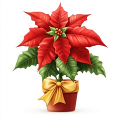 Red Poinsettia Plant in Pot with Yellow Bow Isolated on White Background