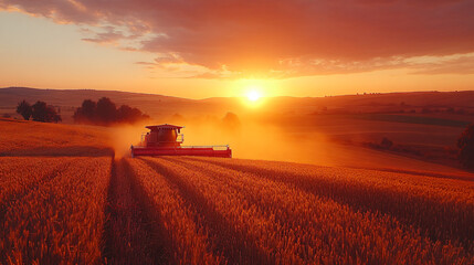 Obraz premium Serene Sunset Over Wheat Field with Harvester in Action