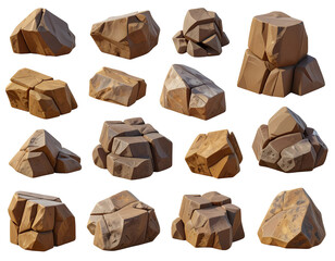 A collection of stylized 3D rock models, varying in size and shape, ideal for game assets or digital art