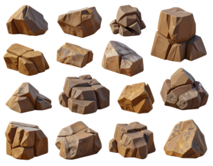 A collection of stylized 3D rock models, varying in size and shape, ideal for game assets or digital art