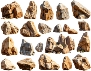 Collection of various rock formations, diverse shapes and sizes, earthy tones