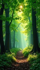 Obraz premium Ancient beech forest, sunlight dappling through leaves, creating a magical atmosphere Perfect for nature, woodland, and environmental themes , overhead, canopy